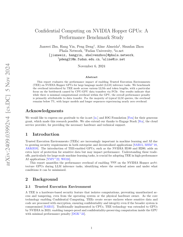 First page of Confidential Computing on NVIDIA Hopper GPUs: A Performance Benchmark Study