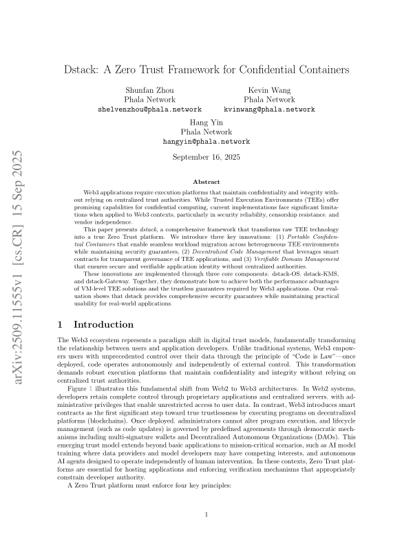 First page of Dstack: A Zero Trust Framework for Confidential Containers