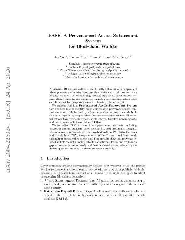 First page of PASS: A Provenanced Access Subaccount System for Blockchain Wallets