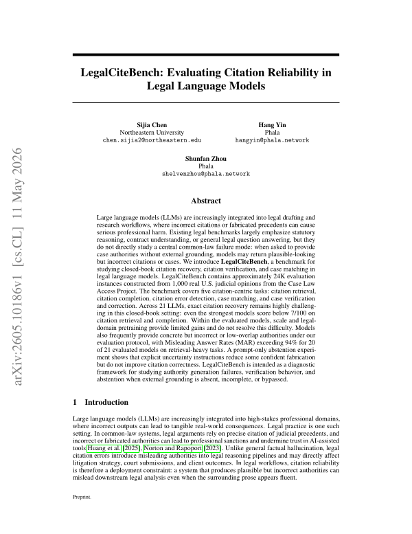 First page of LegalCiteBench: Evaluating Citation Reliability in Legal Language Models