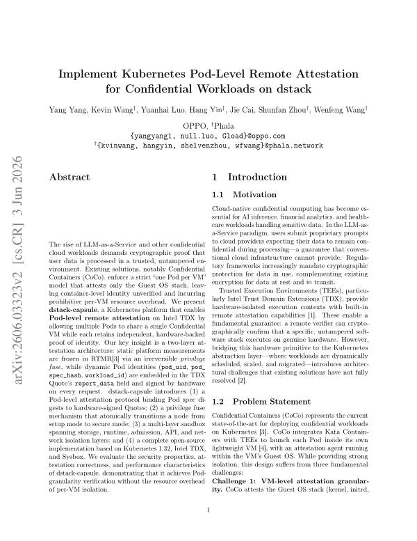 First page of Implementing Kubernetes Pod-Level Remote Attestation for Confidential Workloads on dstack