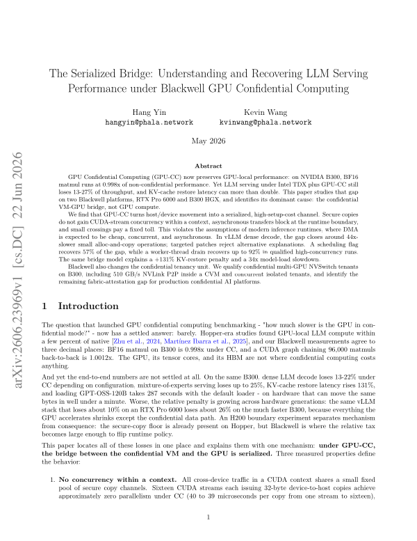 First page of The Serialized Bridge: Understanding and Recovering LLM Serving Performance under Blackwell GPU Confidential Computing